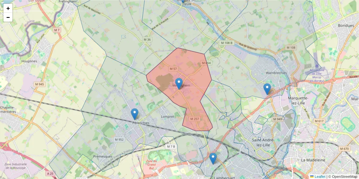 Carte de la zone du code postal  et des codes postaux voisins en France