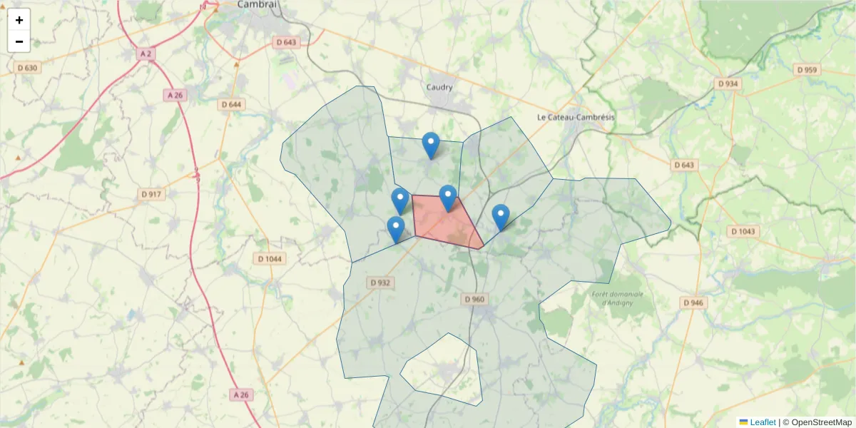 Carte de la zone du code postal  et des codes postaux voisins en France