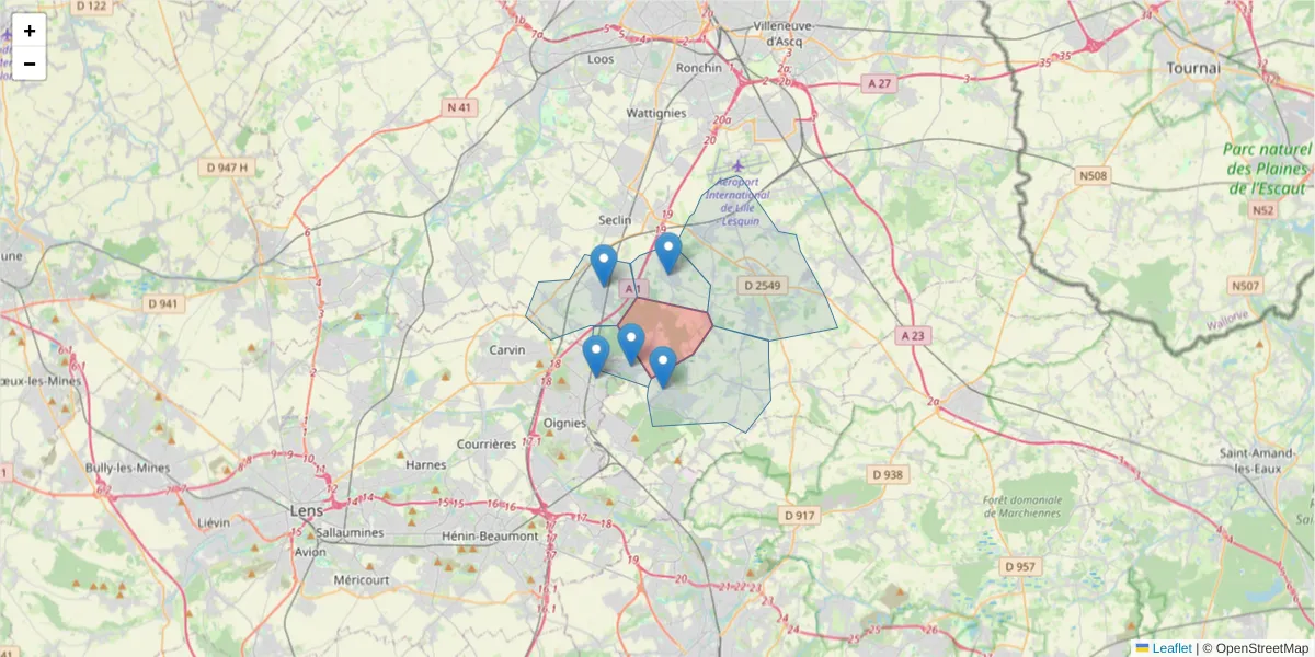Carte de la zone du code postal  et des codes postaux voisins en France