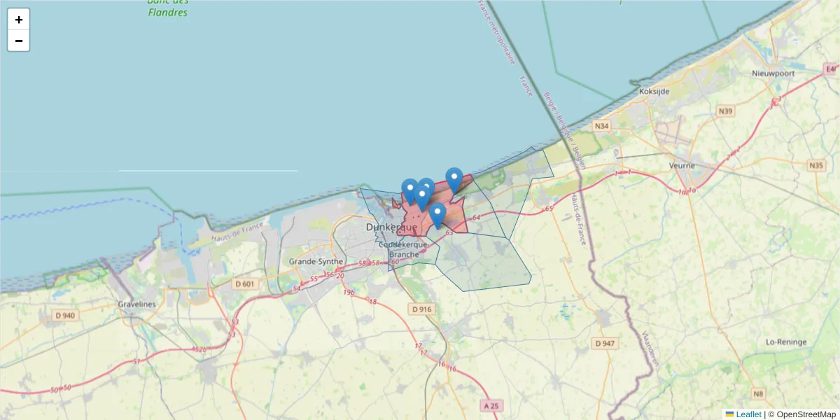 Carte de la zone du code postal  et des codes postaux voisins en France