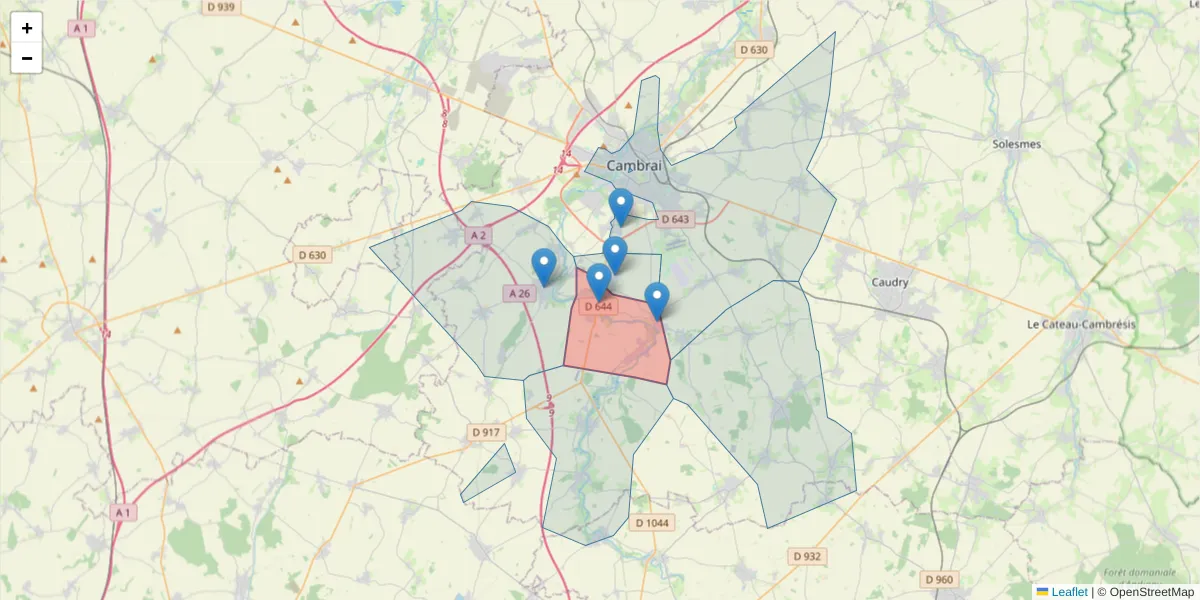 Carte de la zone du code postal  et des codes postaux voisins en France