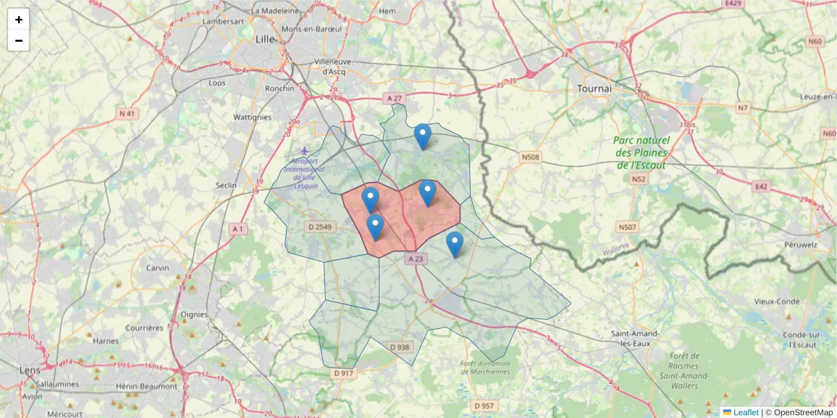 Carte de la zone du code postal  et des codes postaux voisins en France