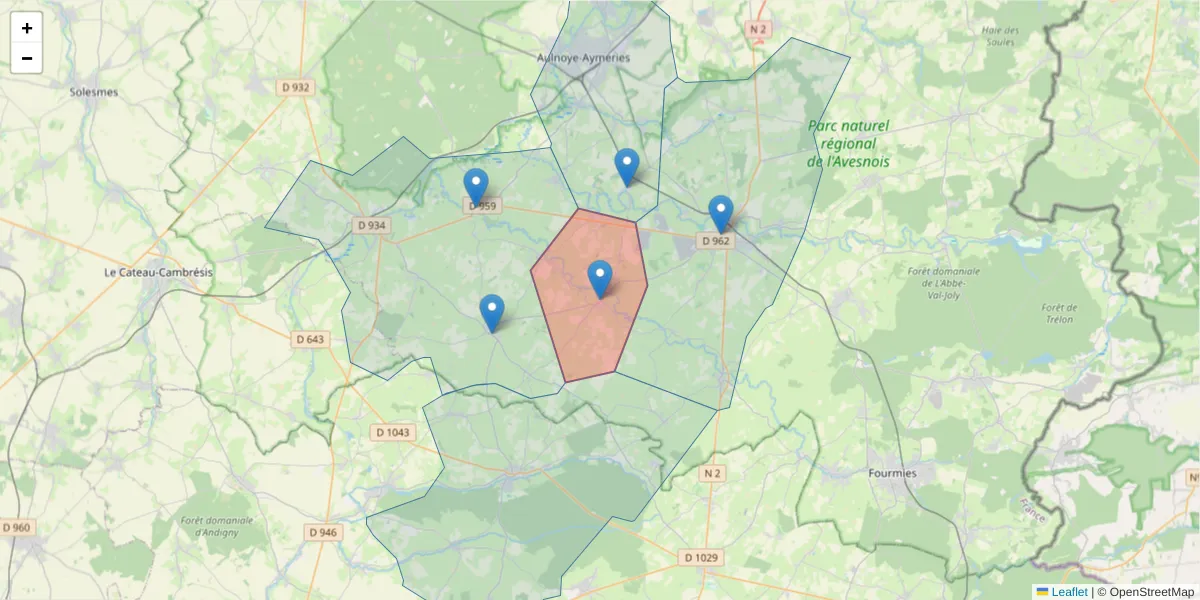 Carte de la zone du code postal  et des codes postaux voisins en France