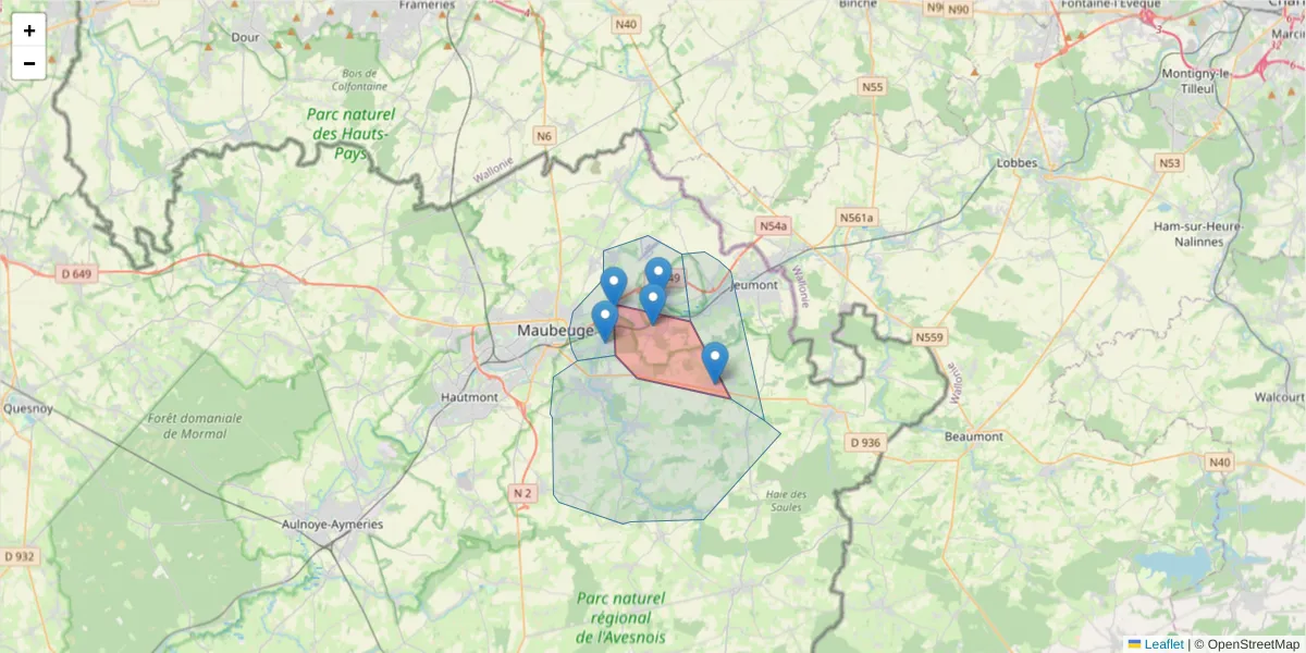 Carte de la zone du code postal  et des codes postaux voisins en France