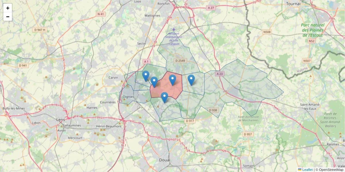 Carte de la zone du code postal  et des codes postaux voisins en France