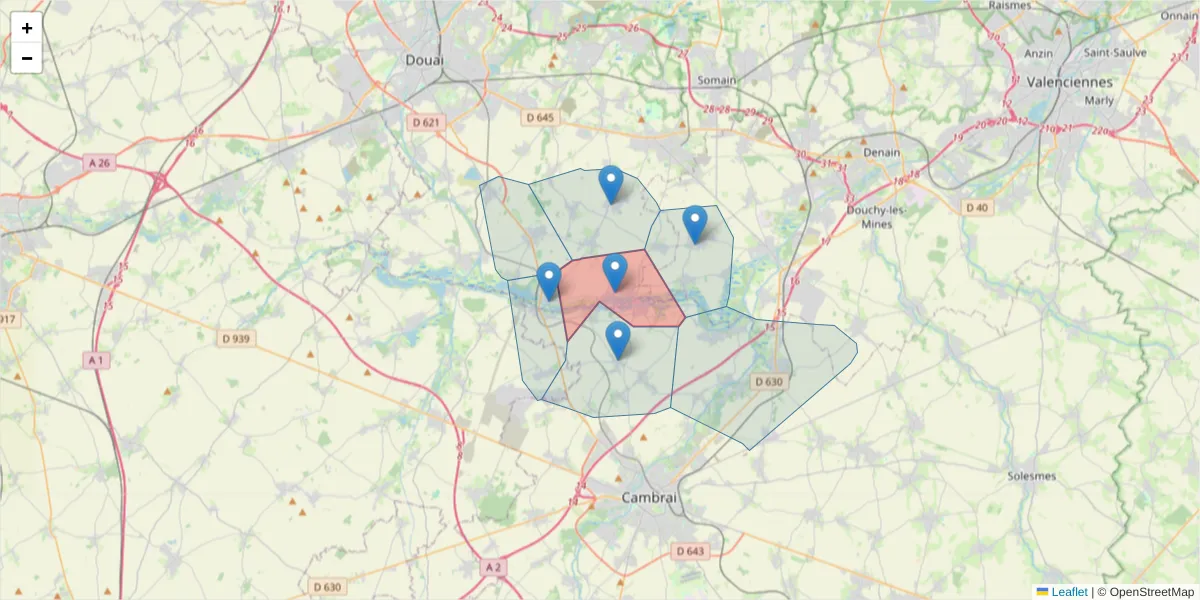 Carte de la zone du code postal  et des codes postaux voisins en France