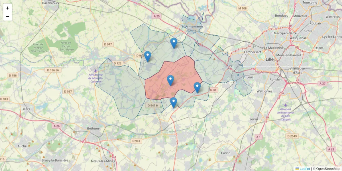 Carte de la zone du code postal  et des codes postaux voisins en France