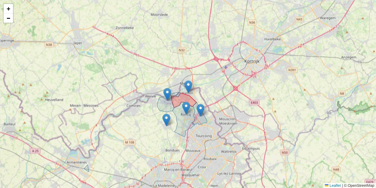 Carte de la zone du code postal  et des codes postaux voisins en France