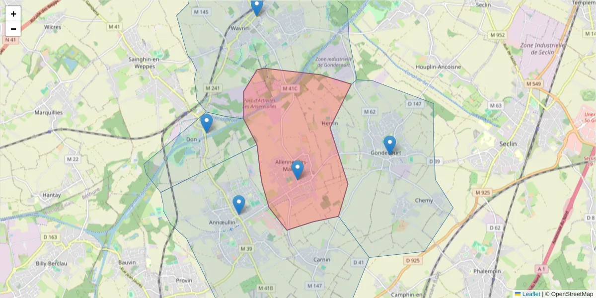 Carte de la zone du code postal  et des codes postaux voisins en France