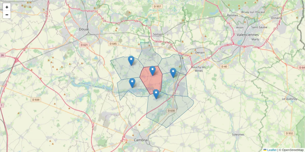 Carte de la zone du code postal  et des codes postaux voisins en France