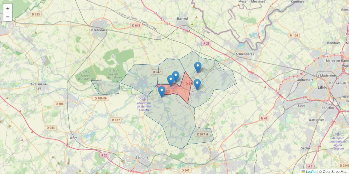 Carte de la zone du code postal  et des codes postaux voisins en France