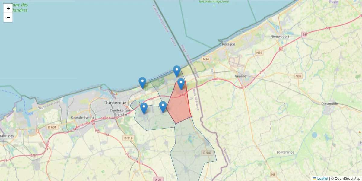 Carte de la zone du code postal  et des codes postaux voisins en France