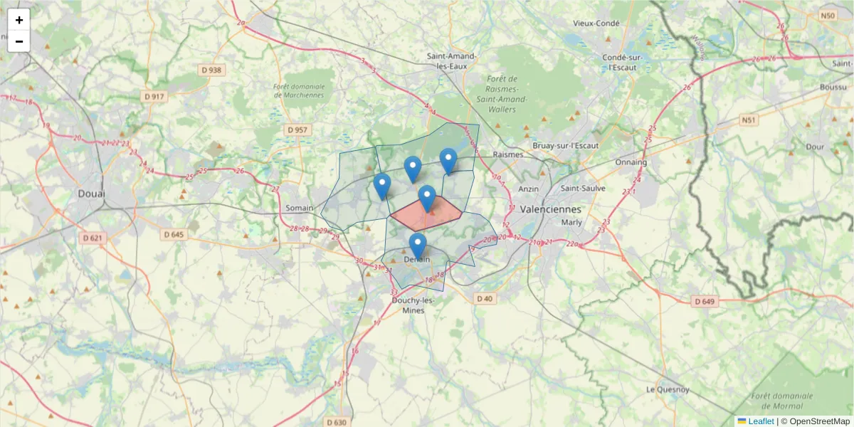 Carte de la zone du code postal  et des codes postaux voisins en France