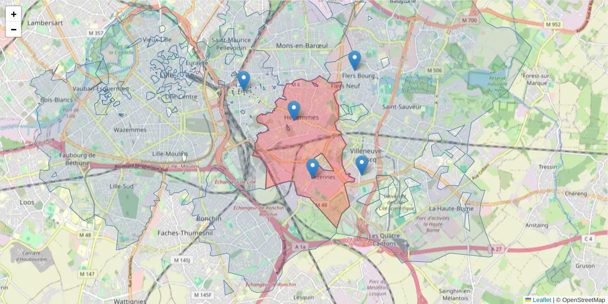 Carte de la zone du code postal  et des codes postaux voisins en France