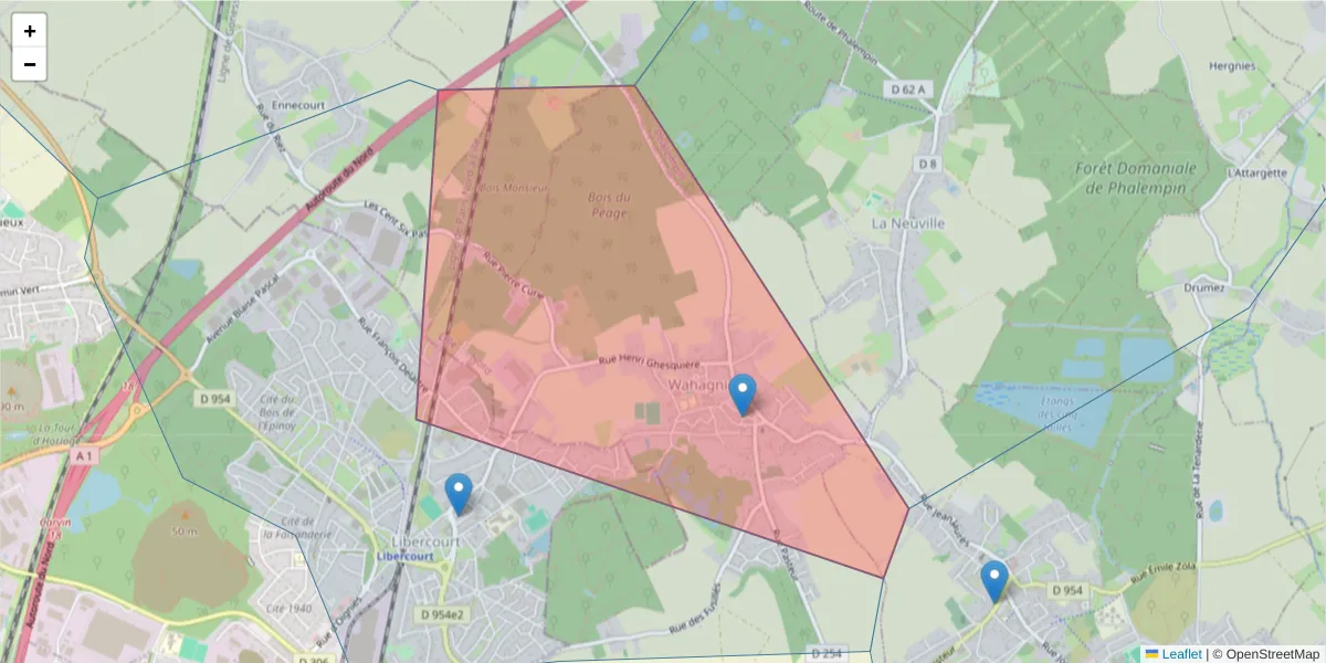 Carte de la zone du code postal  et des codes postaux voisins en France