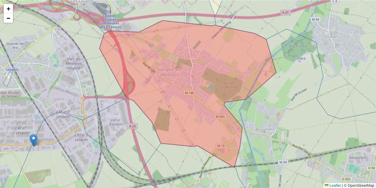 Carte de la zone du code postal  et des codes postaux voisins en France