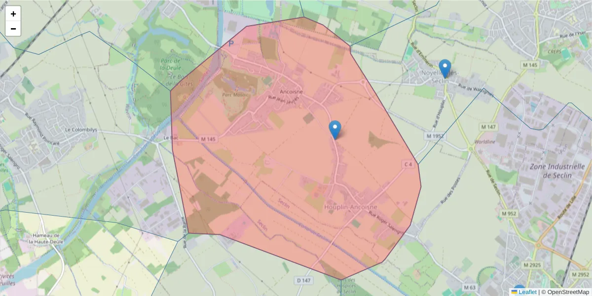 Carte de la zone du code postal  et des codes postaux voisins en France