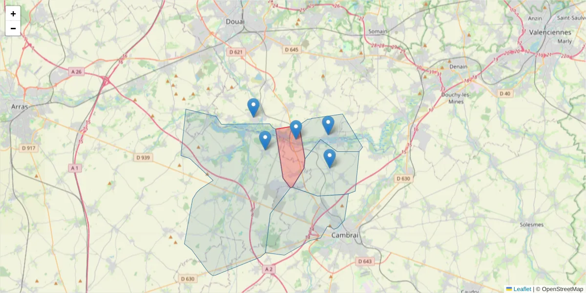 Carte de la zone du code postal  et des codes postaux voisins en France