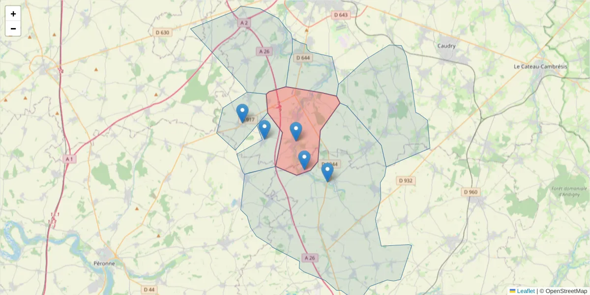 Carte de la zone du code postal  et des codes postaux voisins en France