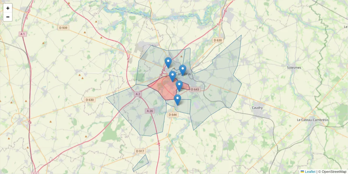 Carte de la zone du code postal  et des codes postaux voisins en France