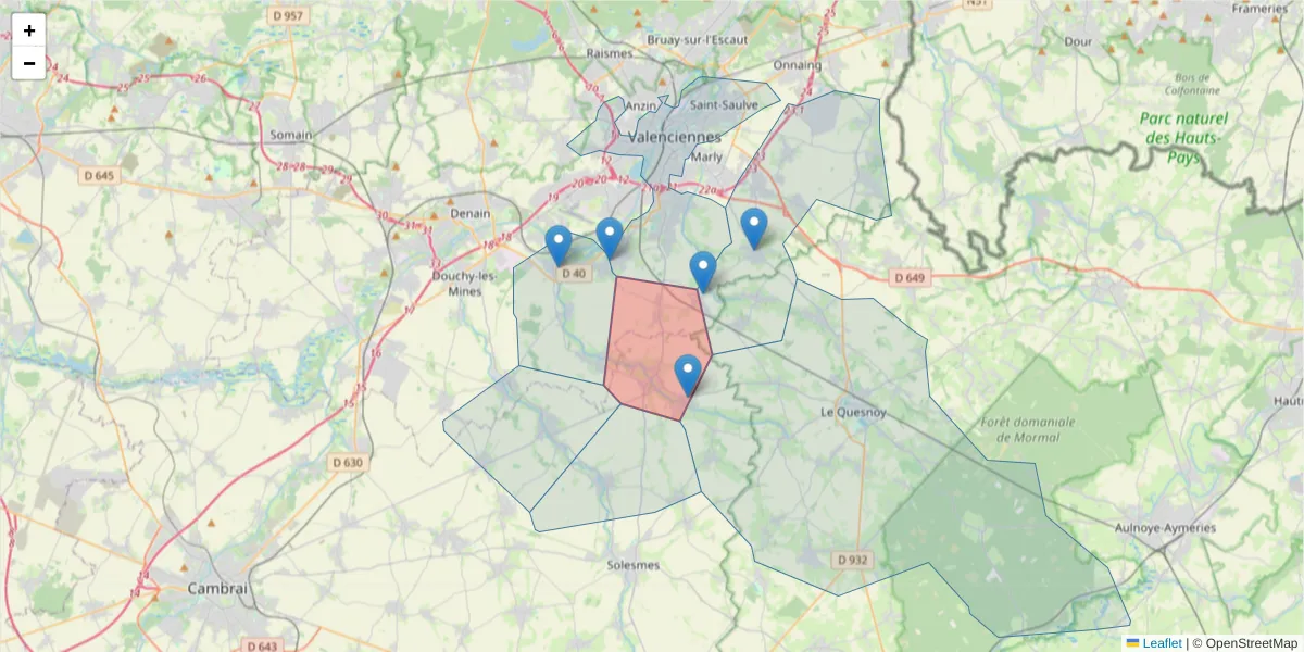 Carte de la zone du code postal  et des codes postaux voisins en France