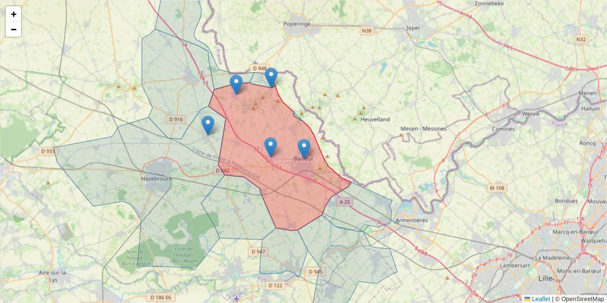 Carte de la zone du code postal  et des codes postaux voisins en France
