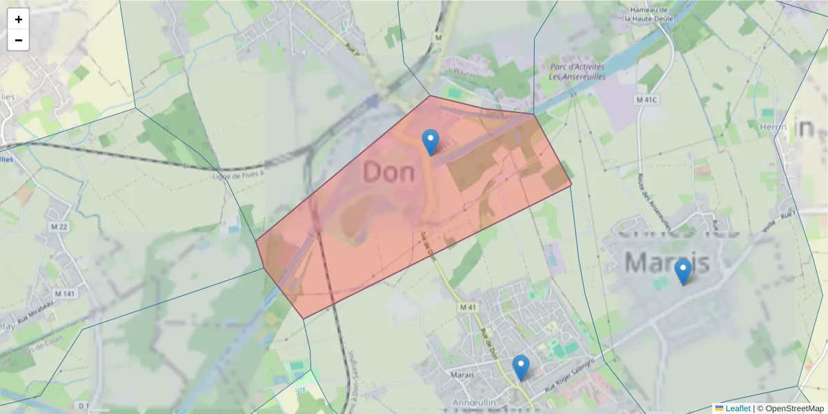 Carte de la zone du code postal  et des codes postaux voisins en France