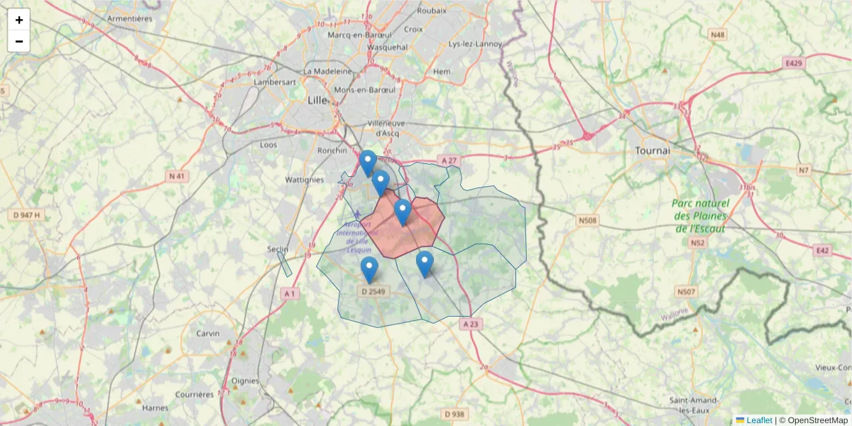Carte de la zone du code postal  et des codes postaux voisins en France