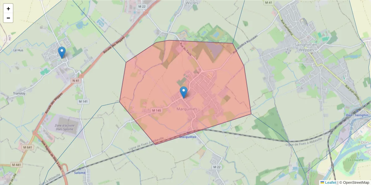 Carte de la zone du code postal  et des codes postaux voisins en France