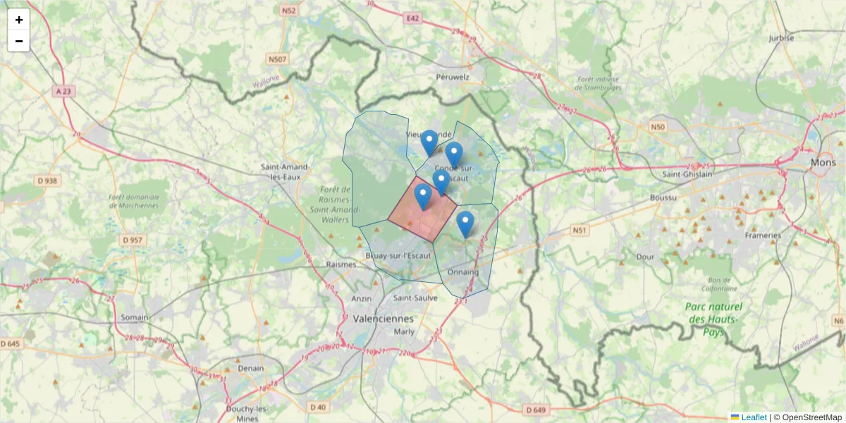 Carte de la zone du code postal  et des codes postaux voisins en France