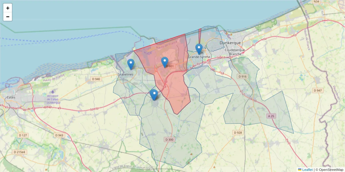 Carte de la zone du code postal  et des codes postaux voisins en France