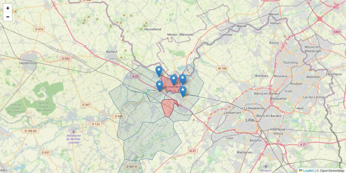 Carte de la zone du code postal  et des codes postaux voisins en France