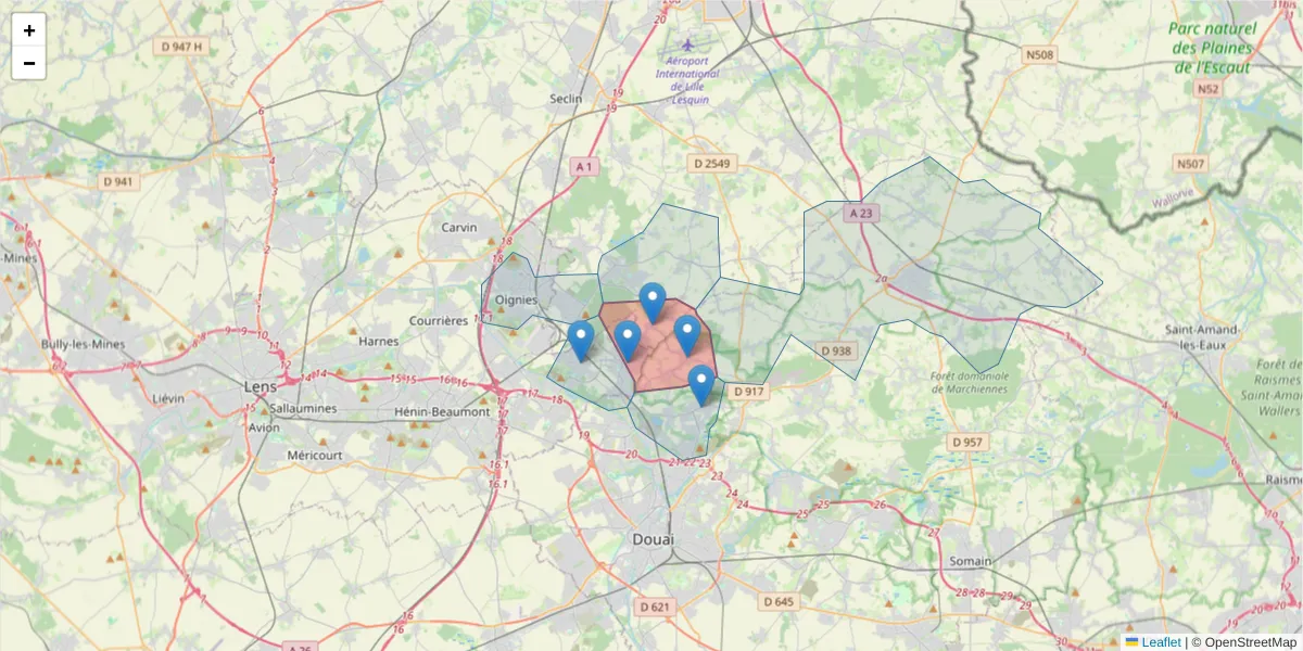 Carte de la zone du code postal  et des codes postaux voisins en France