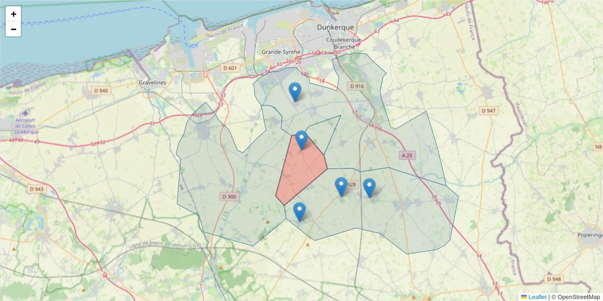 Carte de la zone du code postal  et des codes postaux voisins en France