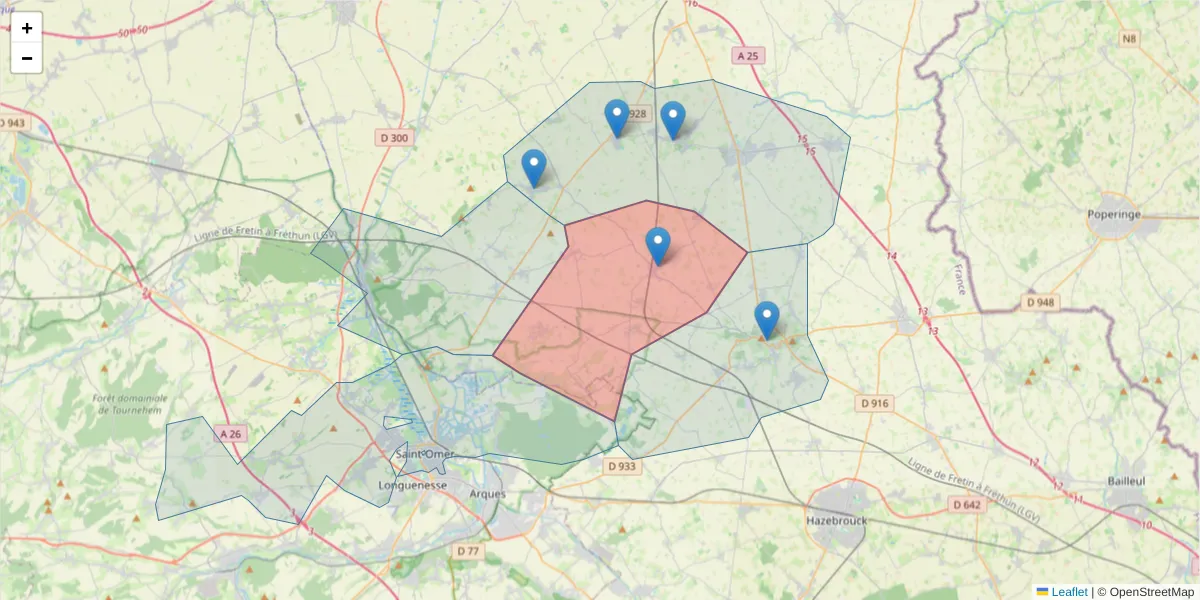Carte de la zone du code postal  et des codes postaux voisins en France