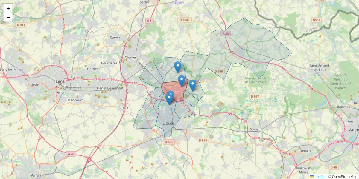 Carte de la zone du code postal  et des codes postaux voisins en France
