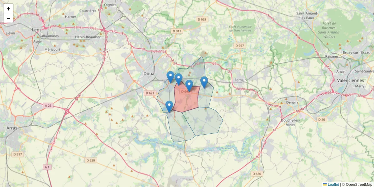 Carte de la zone du code postal  et des codes postaux voisins en France