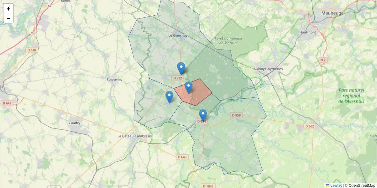 Carte de la zone du code postal  et des codes postaux voisins en France