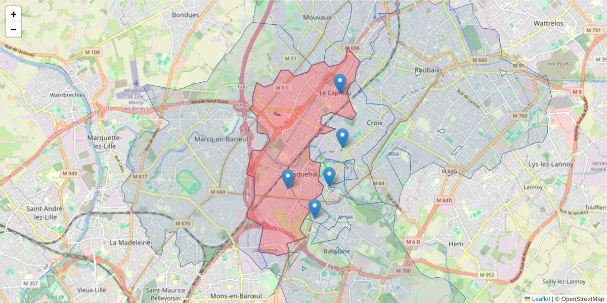 Carte de la zone du code postal  et des codes postaux voisins en France