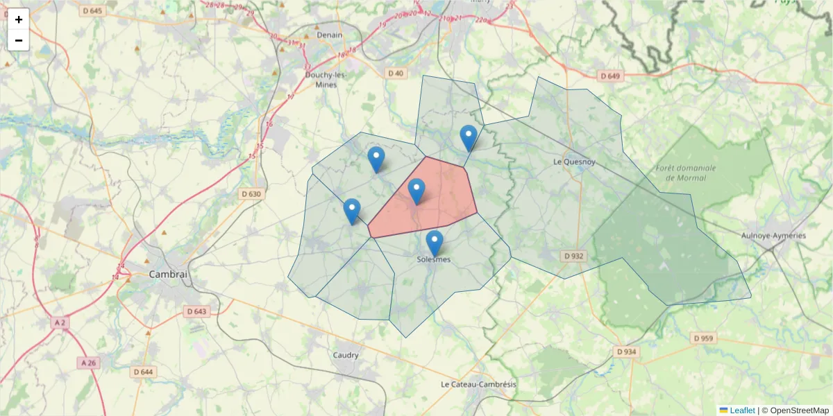 Carte de la zone du code postal  et des codes postaux voisins en France