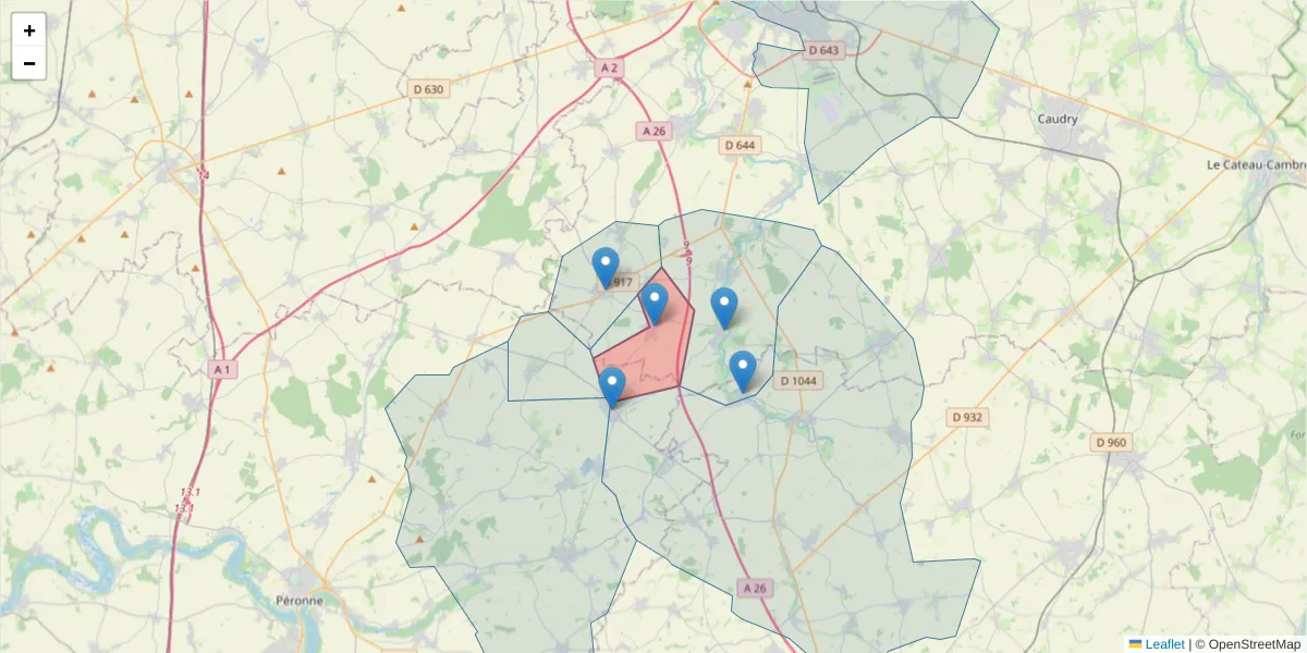 Carte de la zone du code postal  et des codes postaux voisins en France