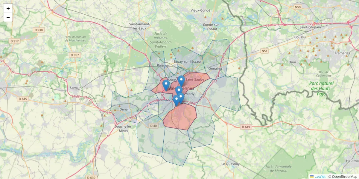 Carte de la zone du code postal  et des codes postaux voisins en France
