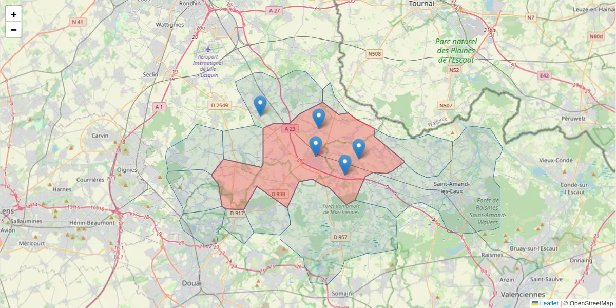 Carte de la zone du code postal  et des codes postaux voisins en France