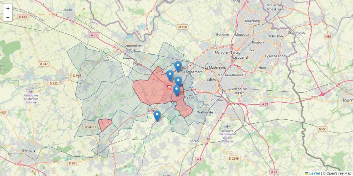 Carte de la zone du code postal  et des codes postaux voisins en France