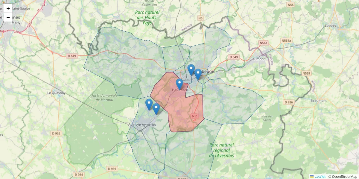 Carte de la zone du code postal  et des codes postaux voisins en France