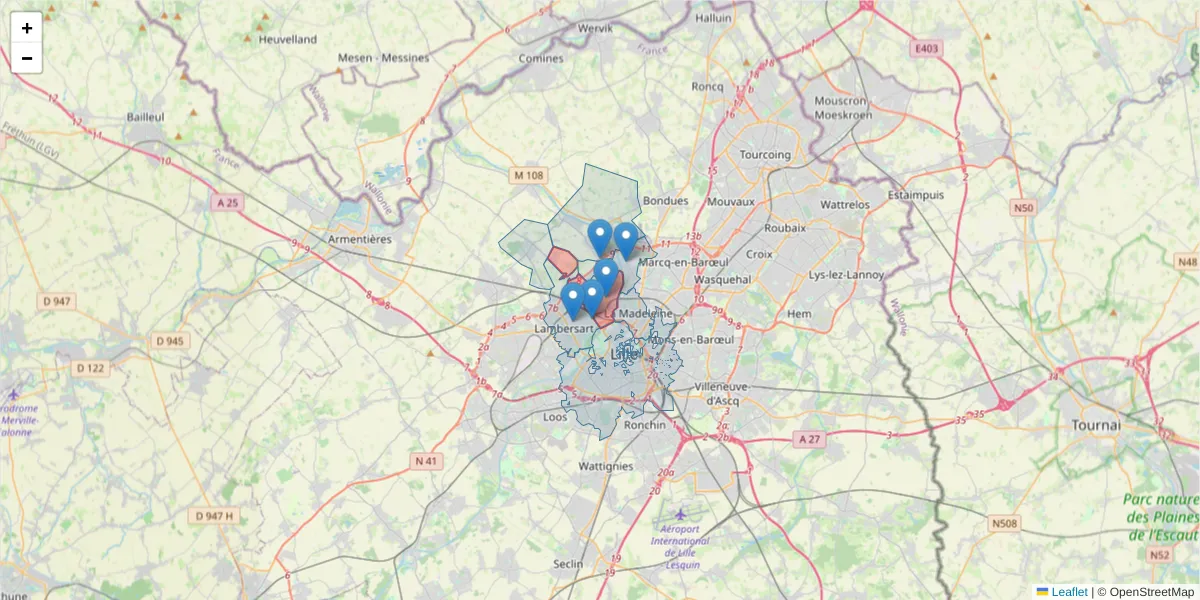 Carte de la zone du code postal  et des codes postaux voisins en France