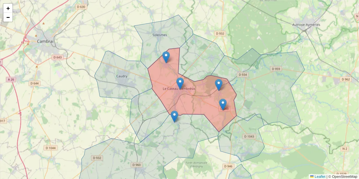 Carte de la zone du code postal  et des codes postaux voisins en France