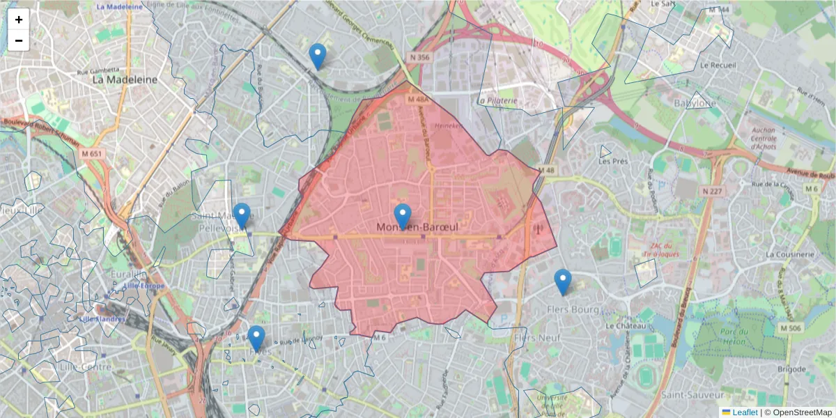 Carte de la zone du code postal  et des codes postaux voisins en France