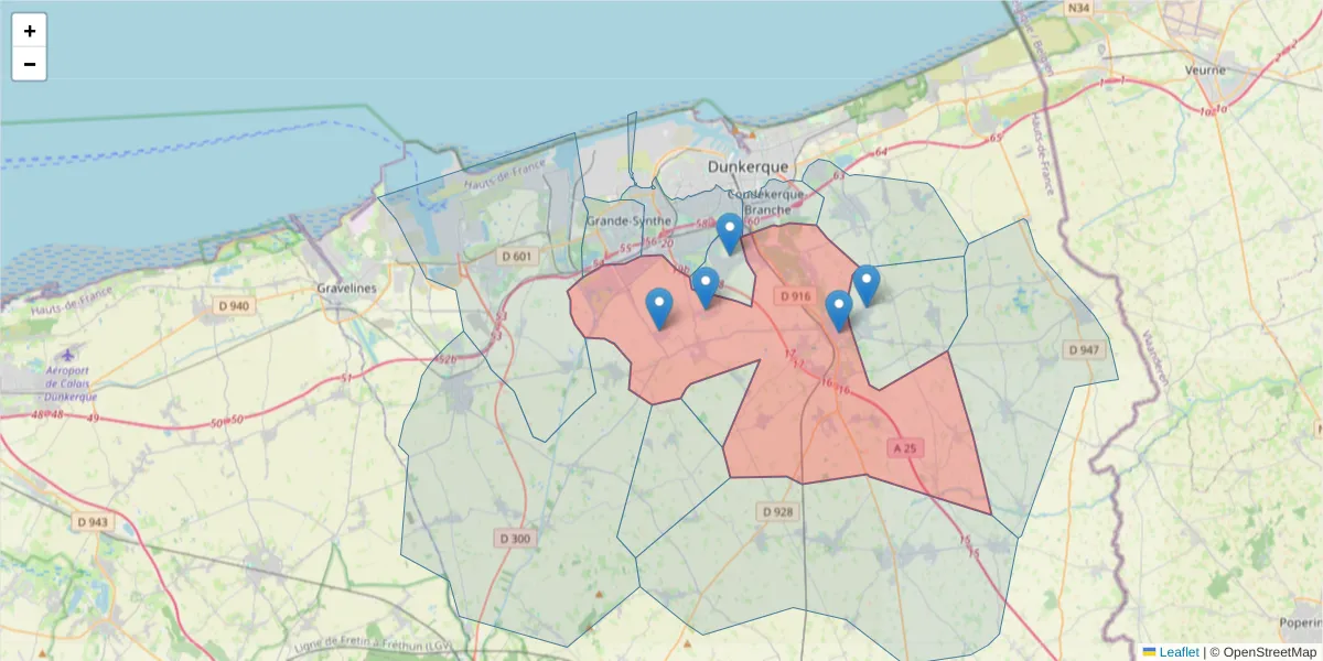 Carte de la zone du code postal  et des codes postaux voisins en France