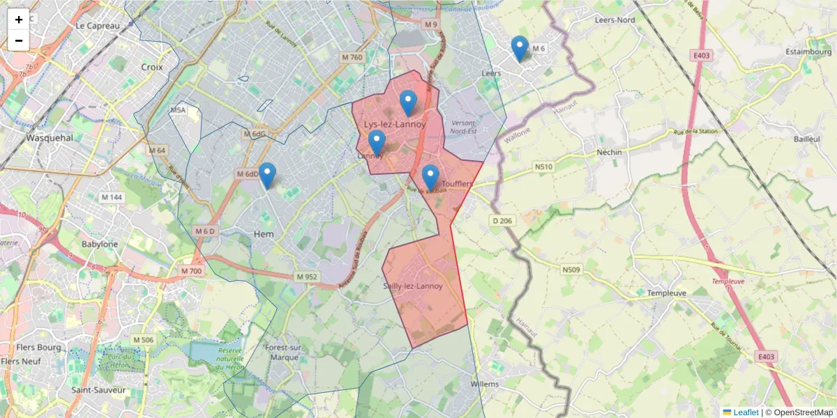 Carte de la zone du code postal  et des codes postaux voisins en France